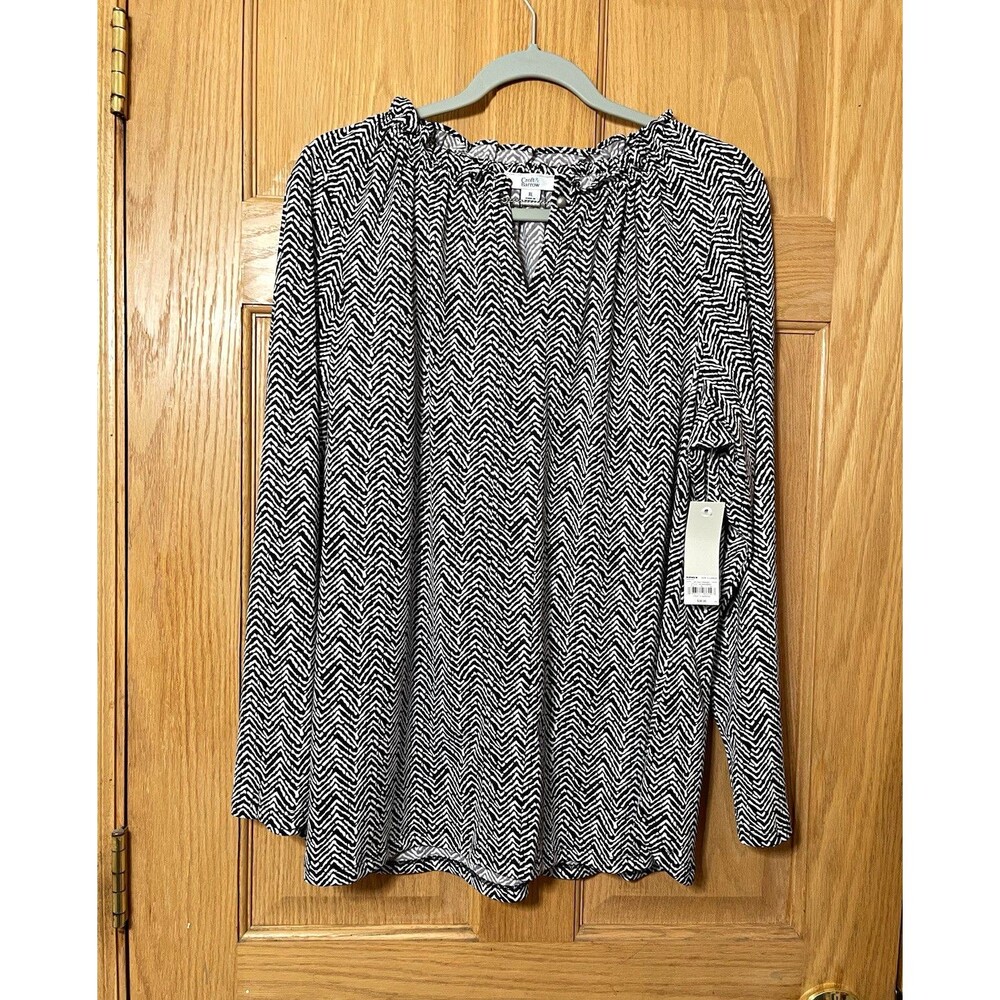 Croft & Barrow Womens XL Black White Chevron V-Neck Long Sleeve Ruffle Blouse